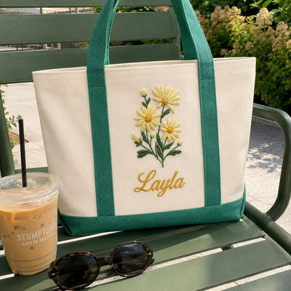 Custom Embroidered Birth Month Flower Tote Bag, Personalized Floral Canvas Bag, Botanical Birthday Gift For Her, Custom Name Bridesmaid Tote
