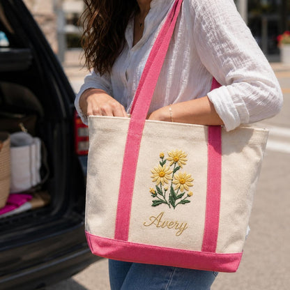 Custom Embroidered Birth Month Flower Tote Bag, Personalized Floral Canvas Bag, Botanical Birthday Gift For Her, Custom Name Bridesmaid Tote
