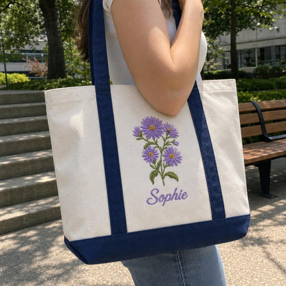 Custom Embroidered Birth Month Flower Tote Bag, Personalized Floral Canvas Bag, Botanical Birthday Gift For Her, Custom Name Bridesmaid Tote