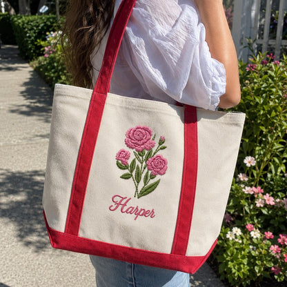 Custom Embroidered Birth Month Flower Tote Bag, Personalized Floral Canvas Bag, Botanical Birthday Gift For Her, Custom Name Bridesmaid Tote