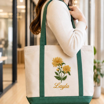 Custom Embroidered Birth Month Flower Tote Bag, Personalized Floral Canvas Bag, Botanical Birthday Gift For Her, Custom Name Bridesmaid Tote