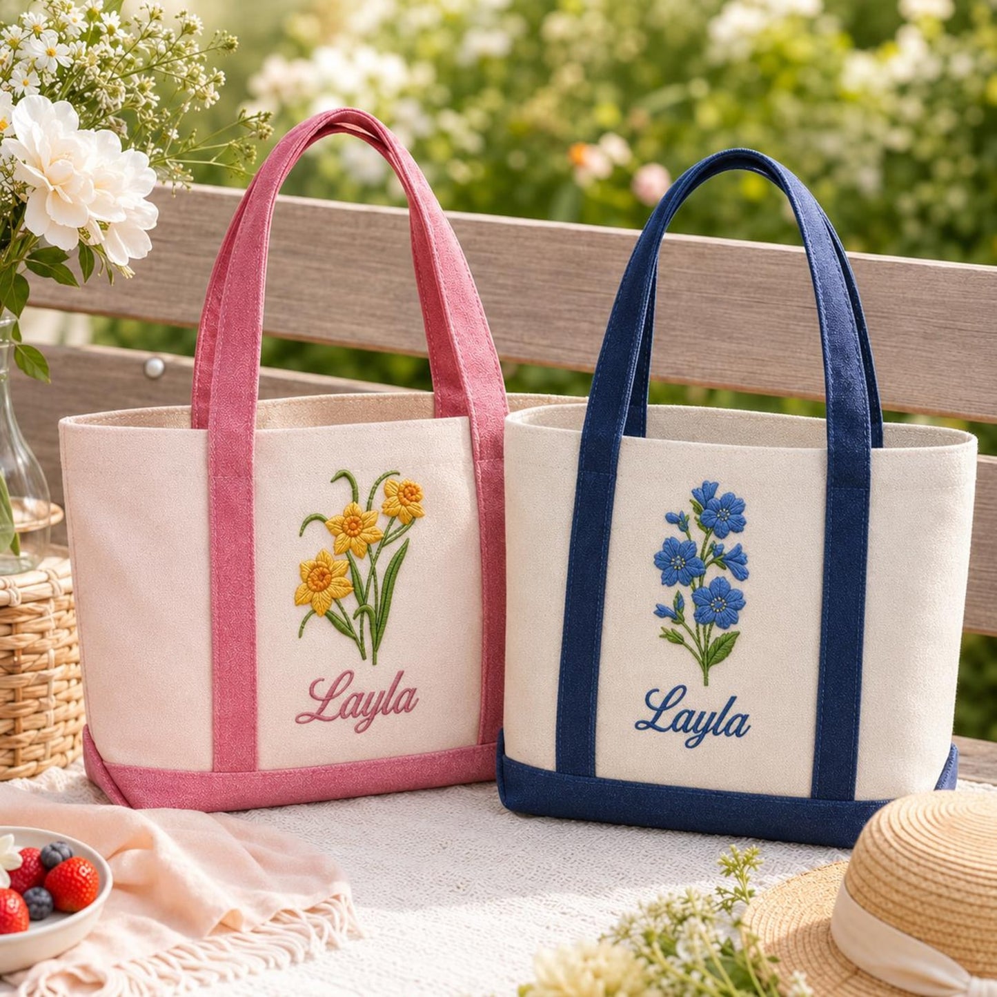 Custom Embroidered Birth Month Flower Tote Bag, Personalized Floral Canvas Bag, Botanical Birthday Gift For Her, Custom Name Bridesmaid Tote