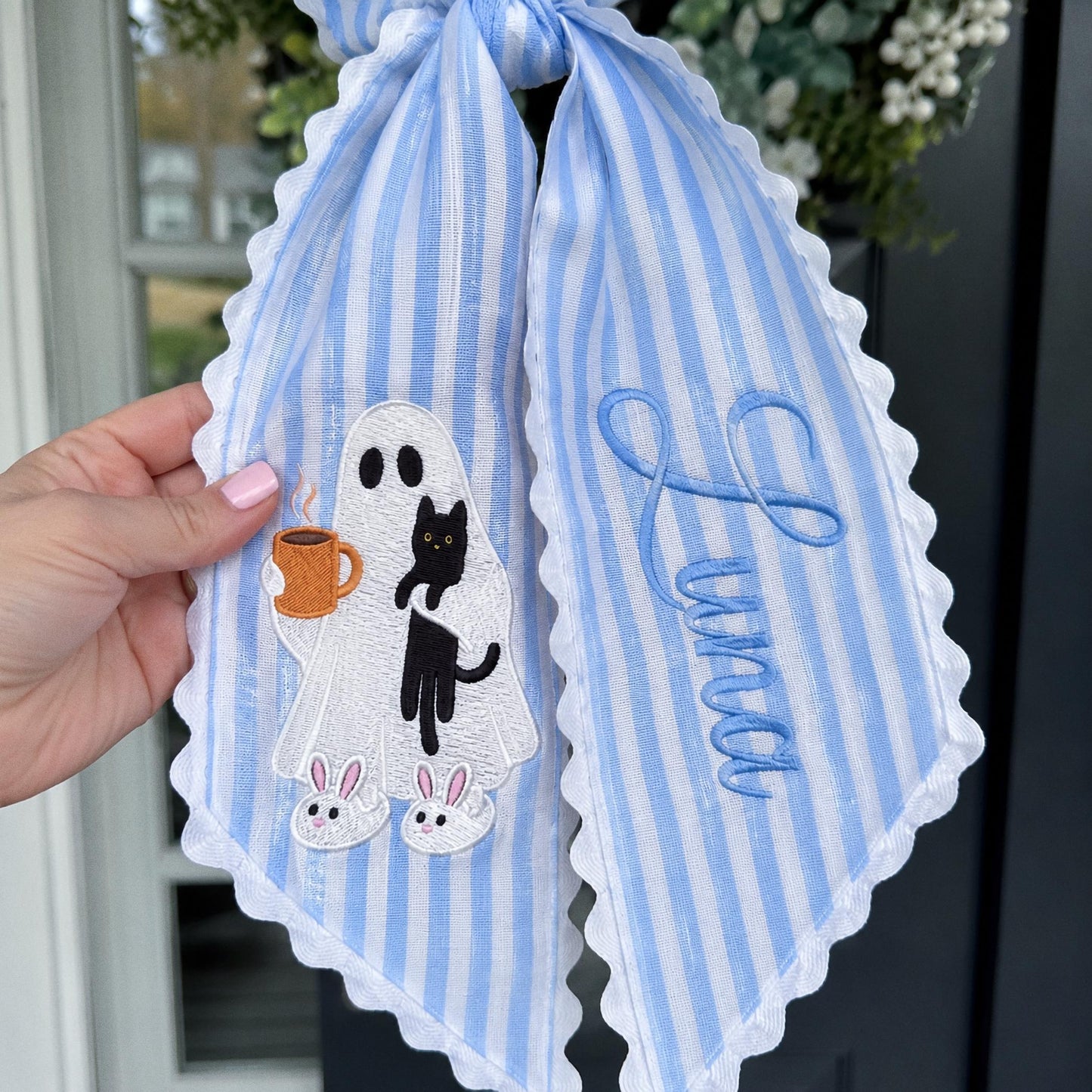 Custom Embroidered Halloween Wreath Sash, Personalized Ghost Door Bow, Monogrammed Spooky Sash, Fall Porch Decor, Trick or Treat Gift