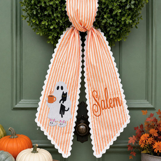 Custom Embroidered Halloween Wreath Sash, Personalized Ghost Door Bow, Monogrammed Spooky Sash, Fall Porch Decor, Trick or Treat Gift
