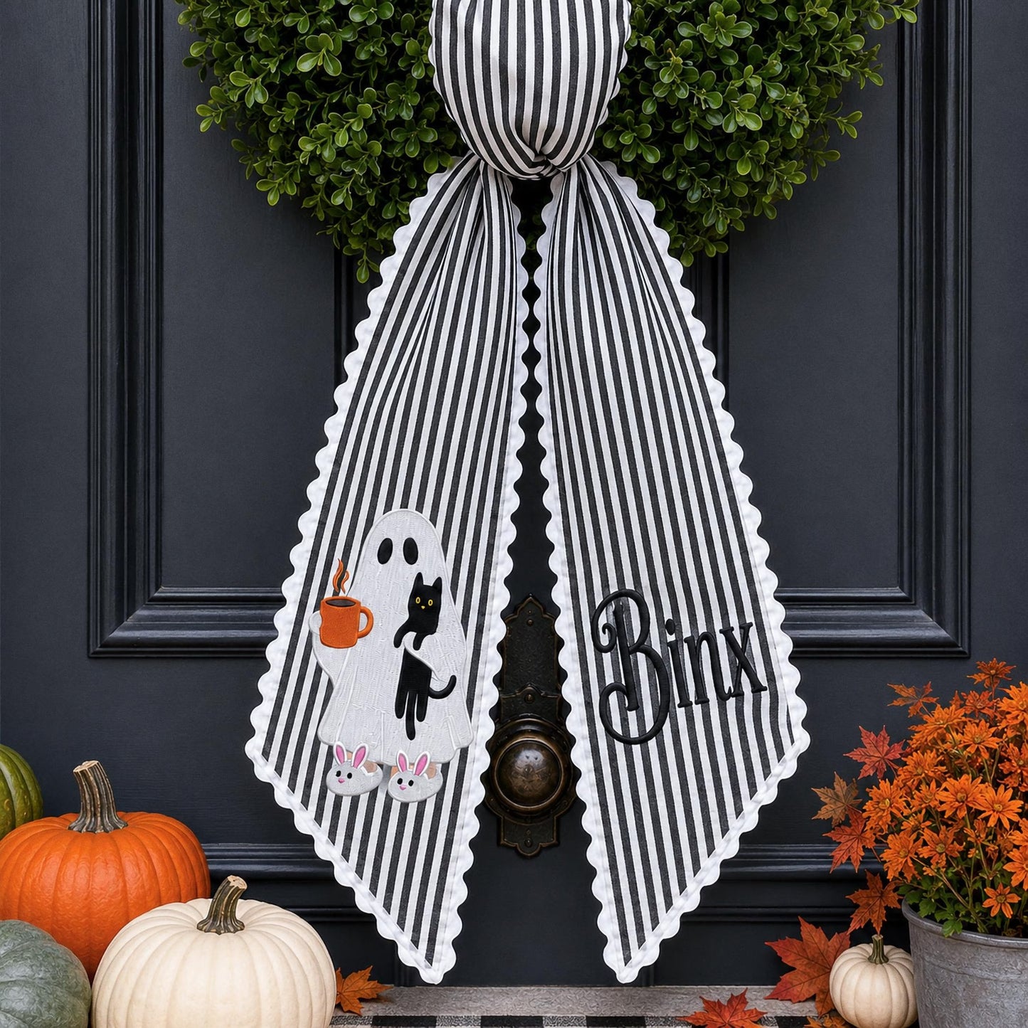 Custom Embroidered Halloween Wreath Sash, Personalized Ghost Door Bow, Monogrammed Spooky Sash, Fall Porch Decor, Trick or Treat Gift
