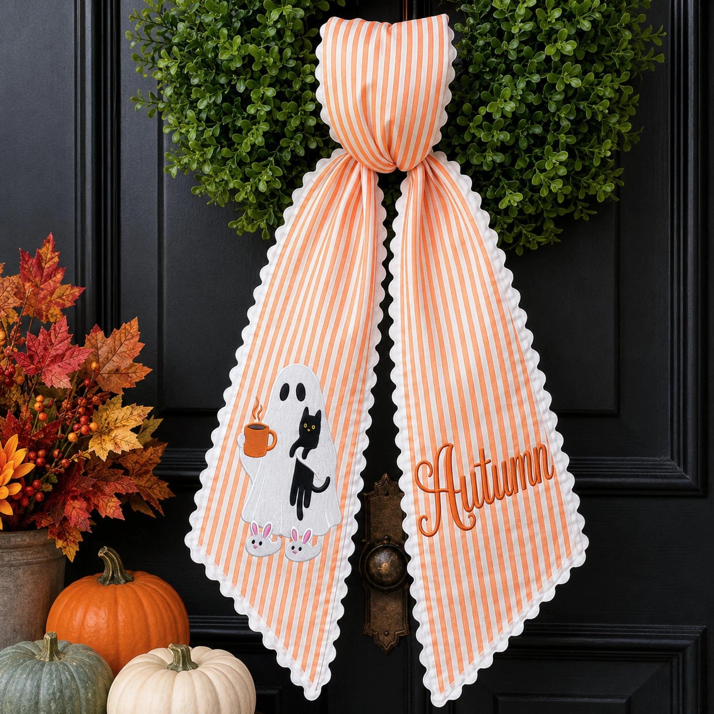 Custom Embroidered Halloween Wreath Sash, Personalized Ghost Door Bow, Monogrammed Spooky Sash, Fall Porch Decor, Trick or Treat Gift