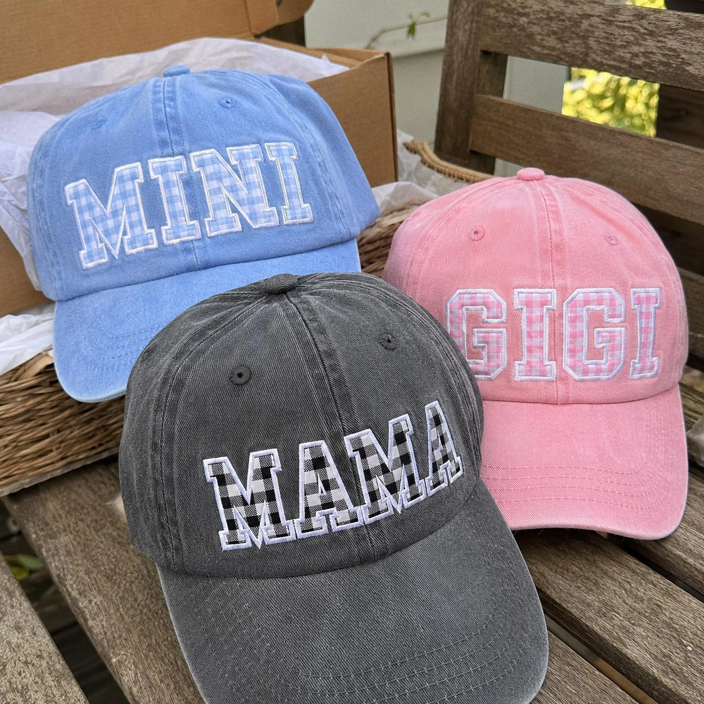 Custom Gingham Embroidered Hat, Personalized Washed Baseball Cap, Applique Name Cap, Vintage Dad Hat, Custom Embroidered Gift