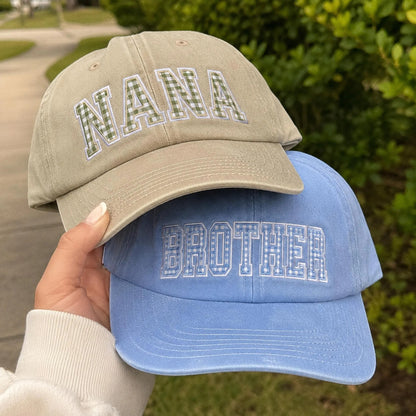 Custom Gingham Embroidered Hat, Personalized Washed Baseball Cap, Applique Name Cap, Vintage Dad Hat, Custom Embroidered Gift