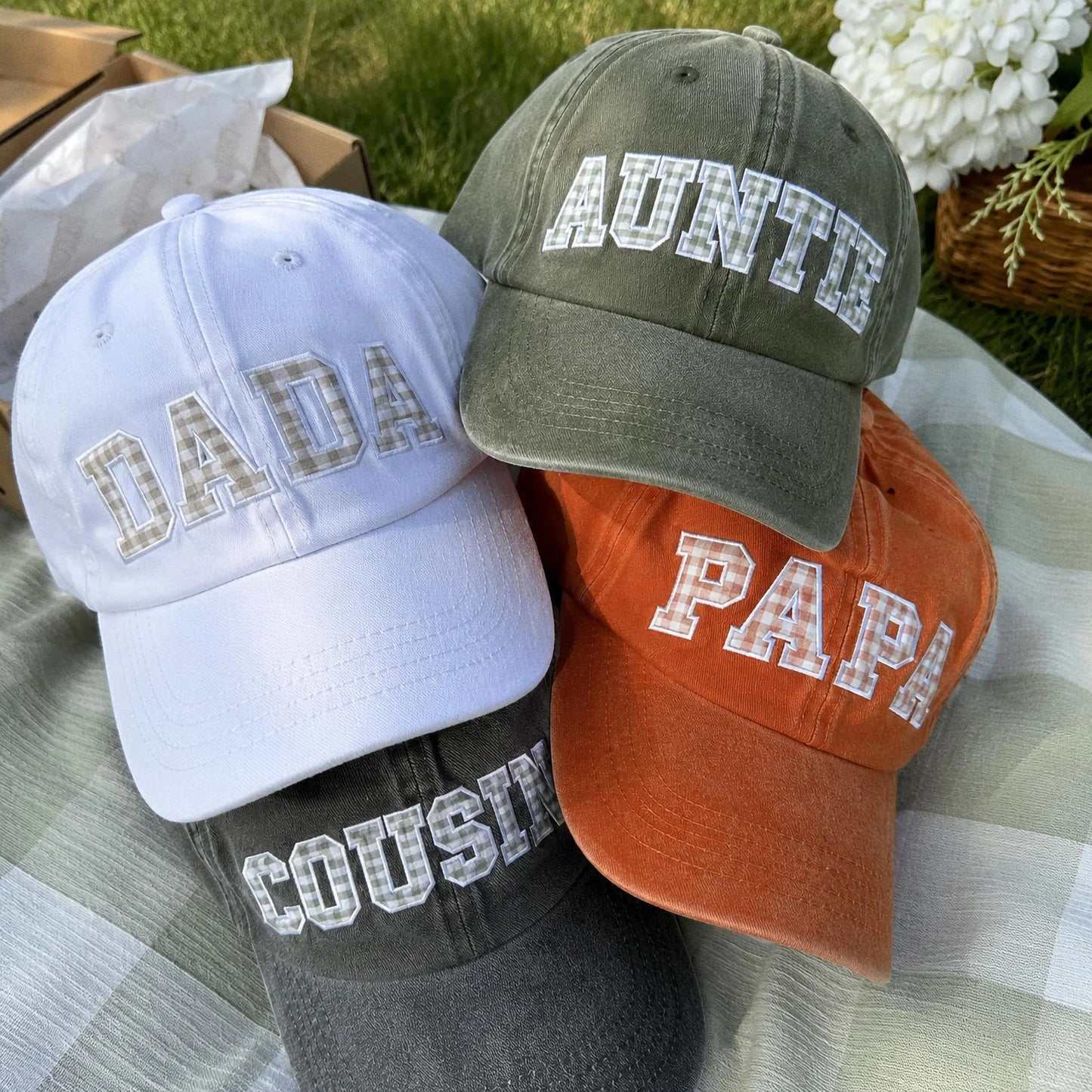 Custom Gingham Embroidered Hat, Personalized Washed Baseball Cap, Applique Name Cap, Vintage Dad Hat, Custom Embroidered Gift