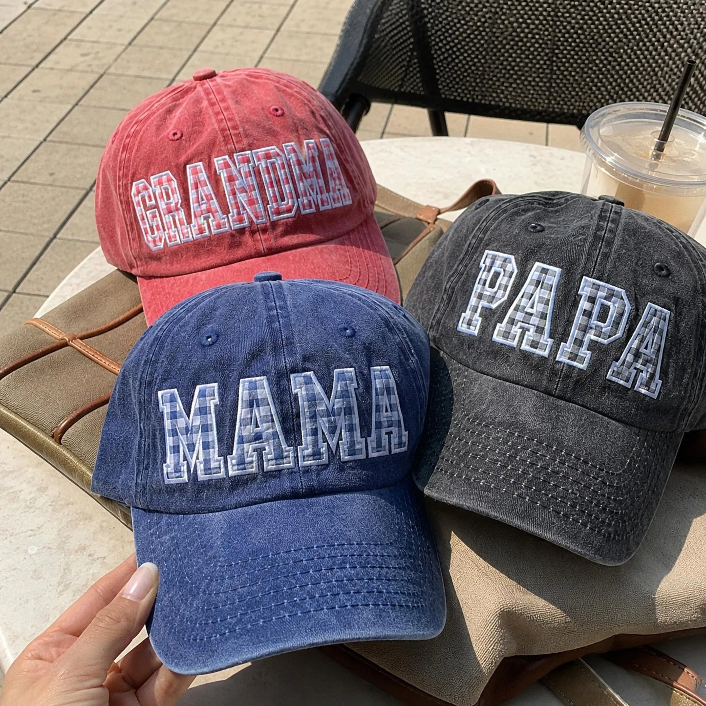 Custom Gingham Embroidered Hat, Personalized Washed Baseball Cap, Applique Name Cap, Vintage Dad Hat, Custom Embroidered Gift