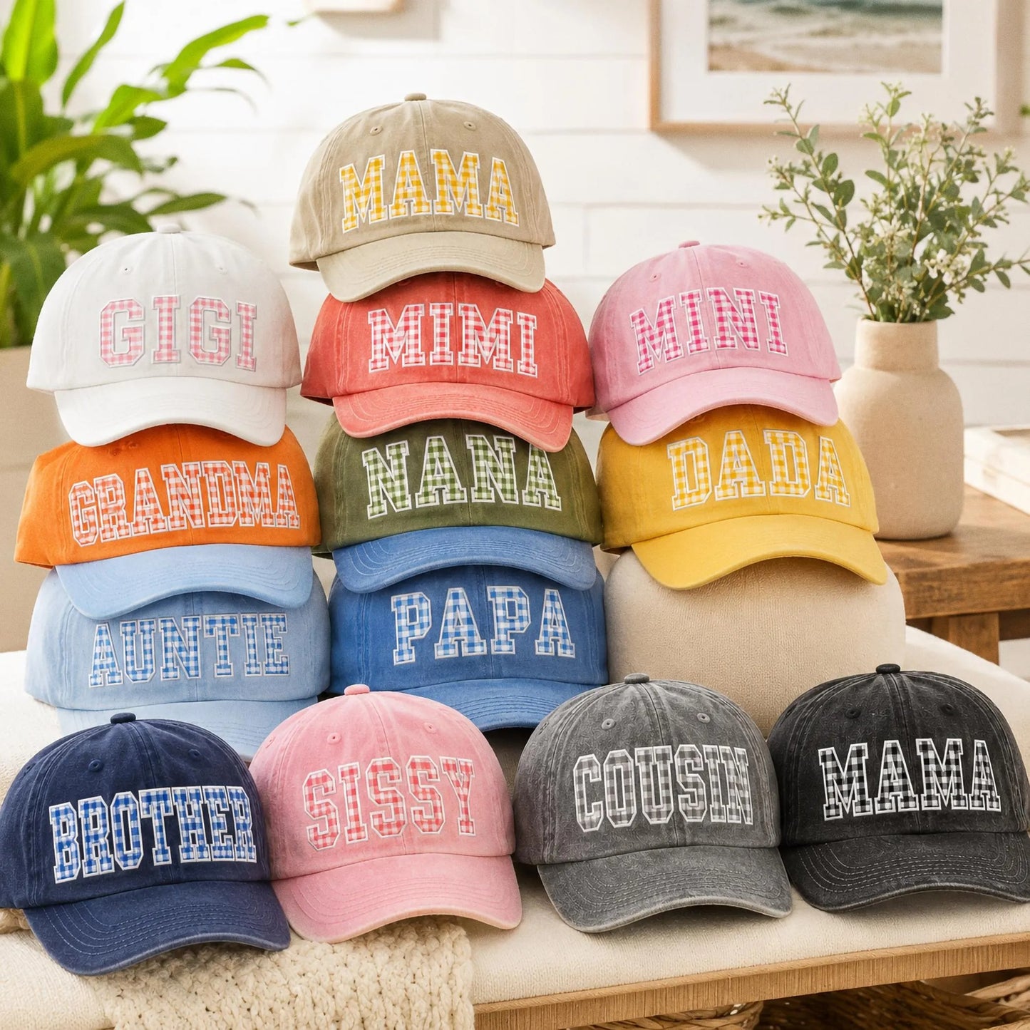 Custom Gingham Embroidered Hat, Personalized Washed Baseball Cap, Applique Name Cap, Vintage Dad Hat, Custom Embroidered Gift