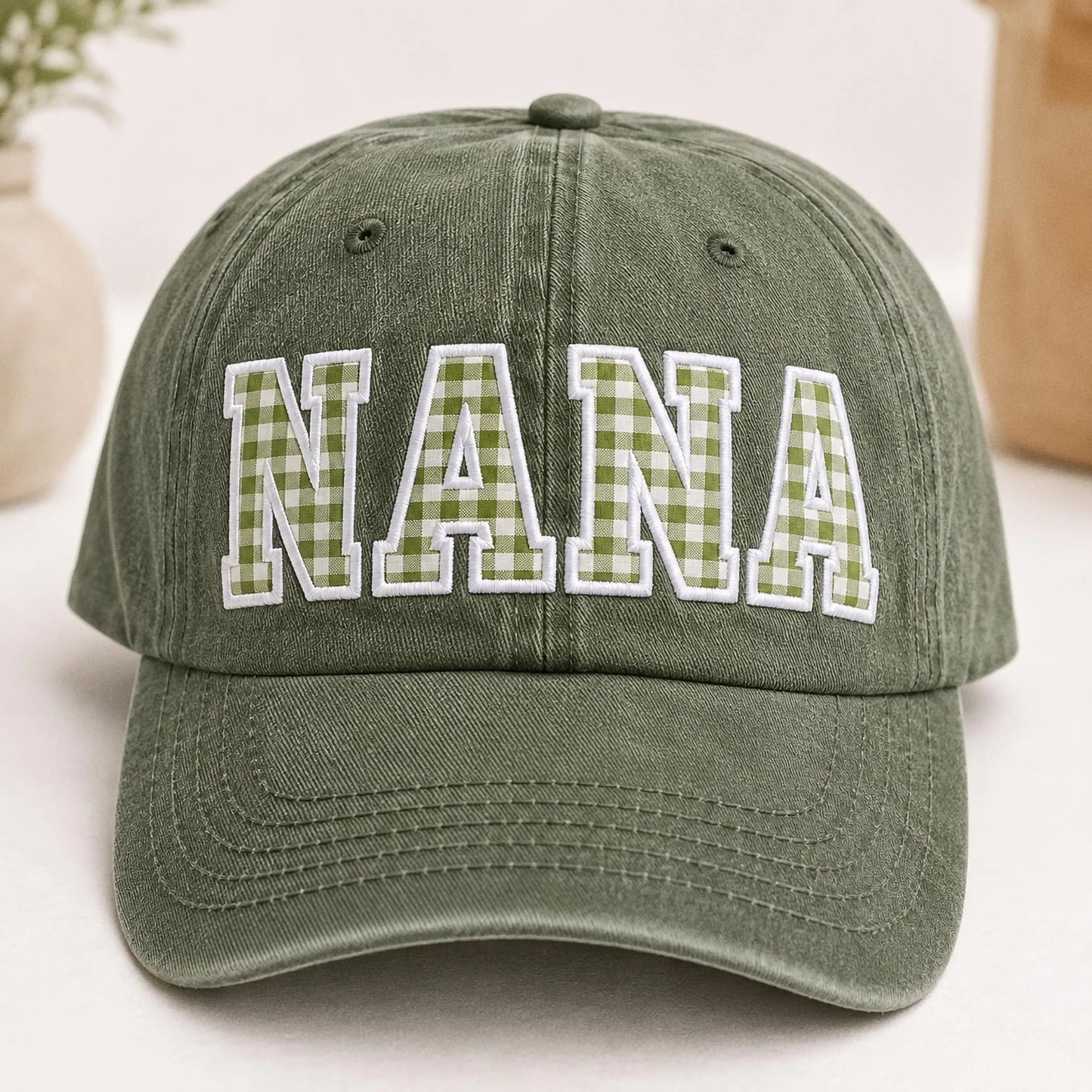 Custom Gingham Embroidered Hat, Personalized Washed Baseball Cap, Applique Name Cap, Vintage Dad Hat, Custom Embroidered Gift