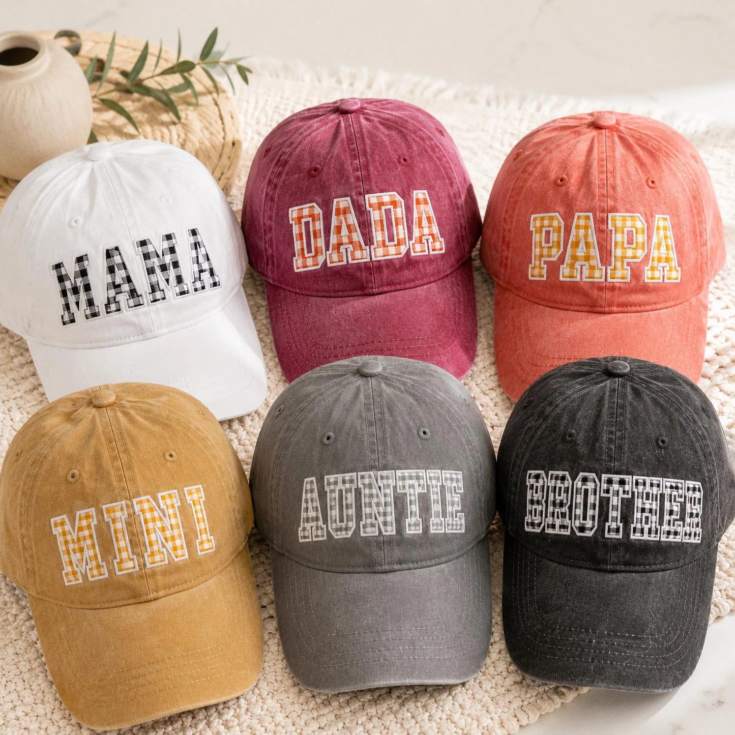 Custom Gingham Embroidered Hat, Personalized Washed Baseball Cap, Applique Name Cap, Vintage Dad Hat, Custom Embroidered Gift
