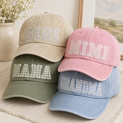Custom Gingham Embroidered Hat, Personalized Washed Baseball Cap, Applique Name Cap, Vintage Dad Hat, Custom Embroidered Gift