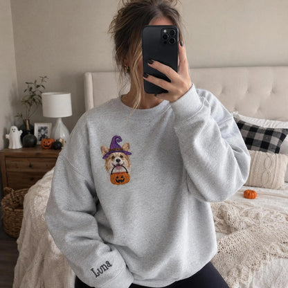 Custom Pet Portrait Embroidered Sweatshirt, Halloween Dog Sweatshirt, Personalized Cat Photo Tee, Spooky Dog Mom Gift, Custom Dog Crewneck