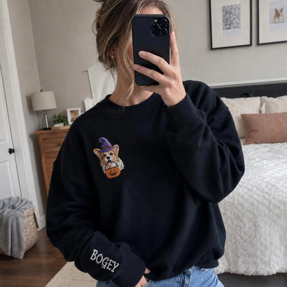 Custom Pet Portrait Embroidered Sweatshirt, Halloween Dog Sweatshirt, Personalized Cat Photo Tee, Spooky Dog Mom Gift, Custom Dog Crewneck