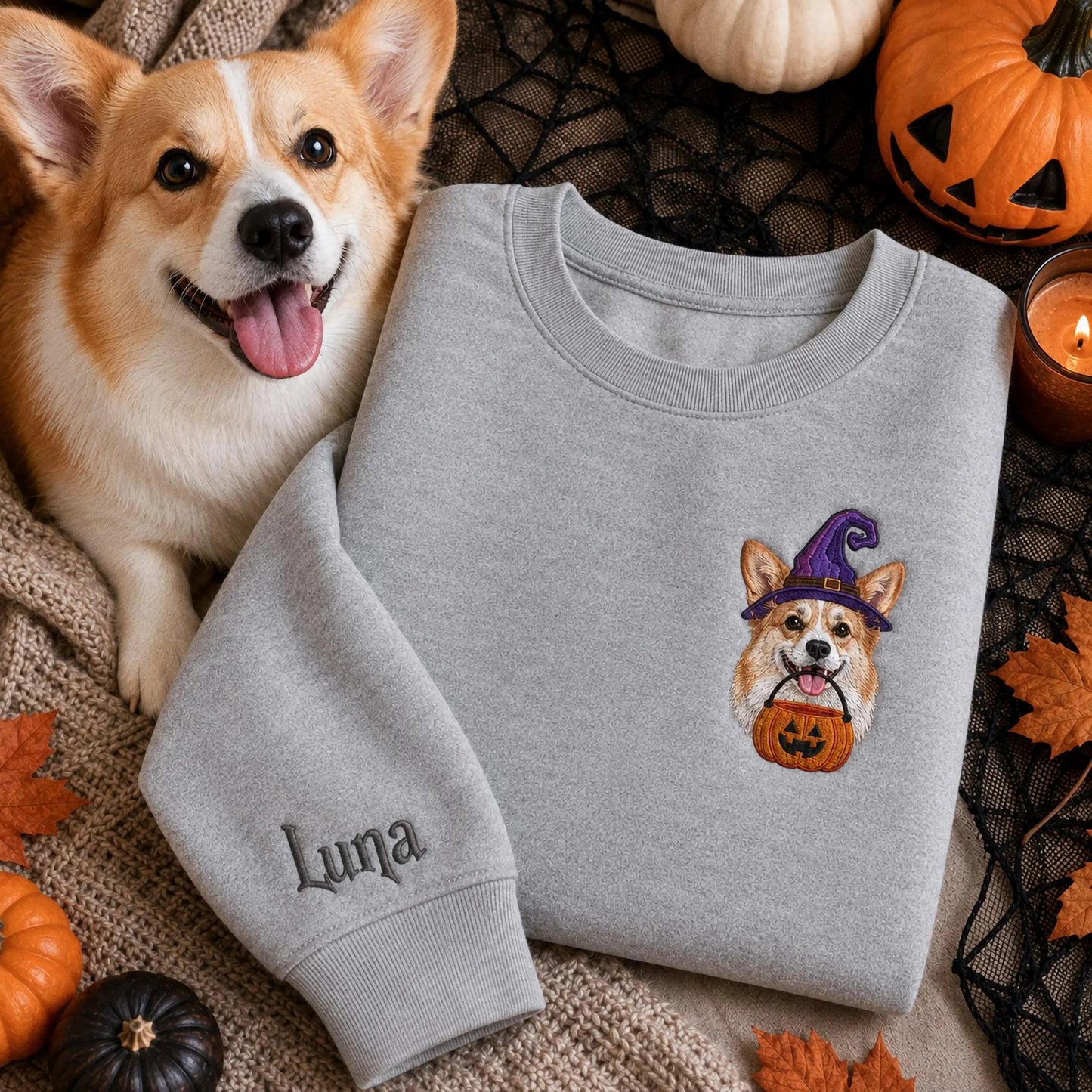 Custom Pet Portrait Embroidered Sweatshirt, Halloween Dog Sweatshirt, Personalized Cat Photo Tee, Spooky Dog Mom Gift, Custom Dog Crewneck
