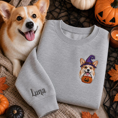 Custom Pet Portrait Embroidered Sweatshirt, Halloween Dog Sweatshirt, Personalized Cat Photo Tee, Spooky Dog Mom Gift, Custom Dog Crewneck