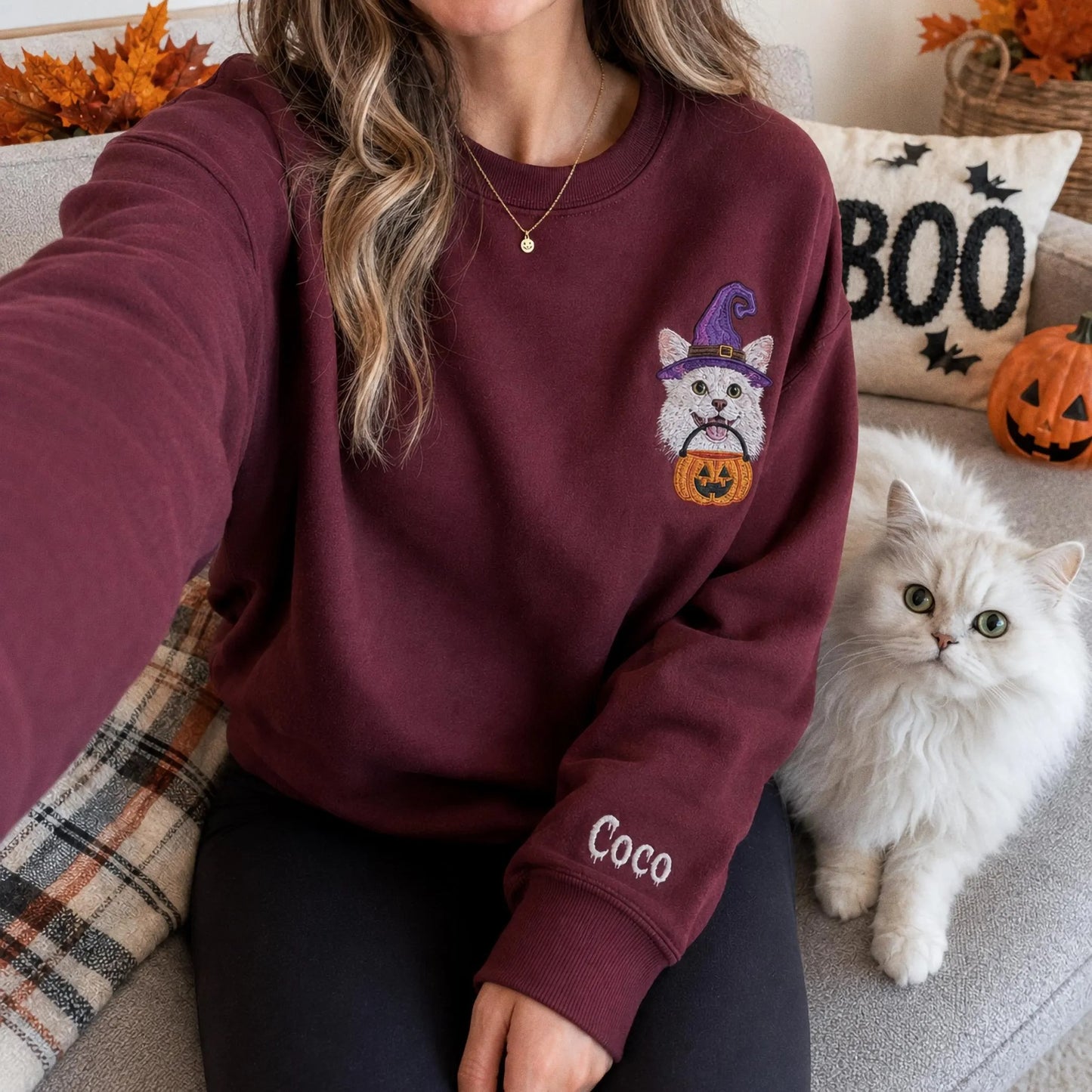 Custom Pet Portrait Embroidered Sweatshirt, Halloween Dog Sweatshirt, Personalized Cat Photo Tee, Spooky Dog Mom Gift, Custom Dog Crewneck