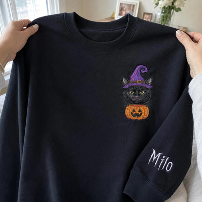 Custom Pet Portrait Embroidered Sweatshirt, Halloween Dog Sweatshirt, Personalized Cat Photo Tee, Spooky Dog Mom Gift, Custom Dog Crewneck