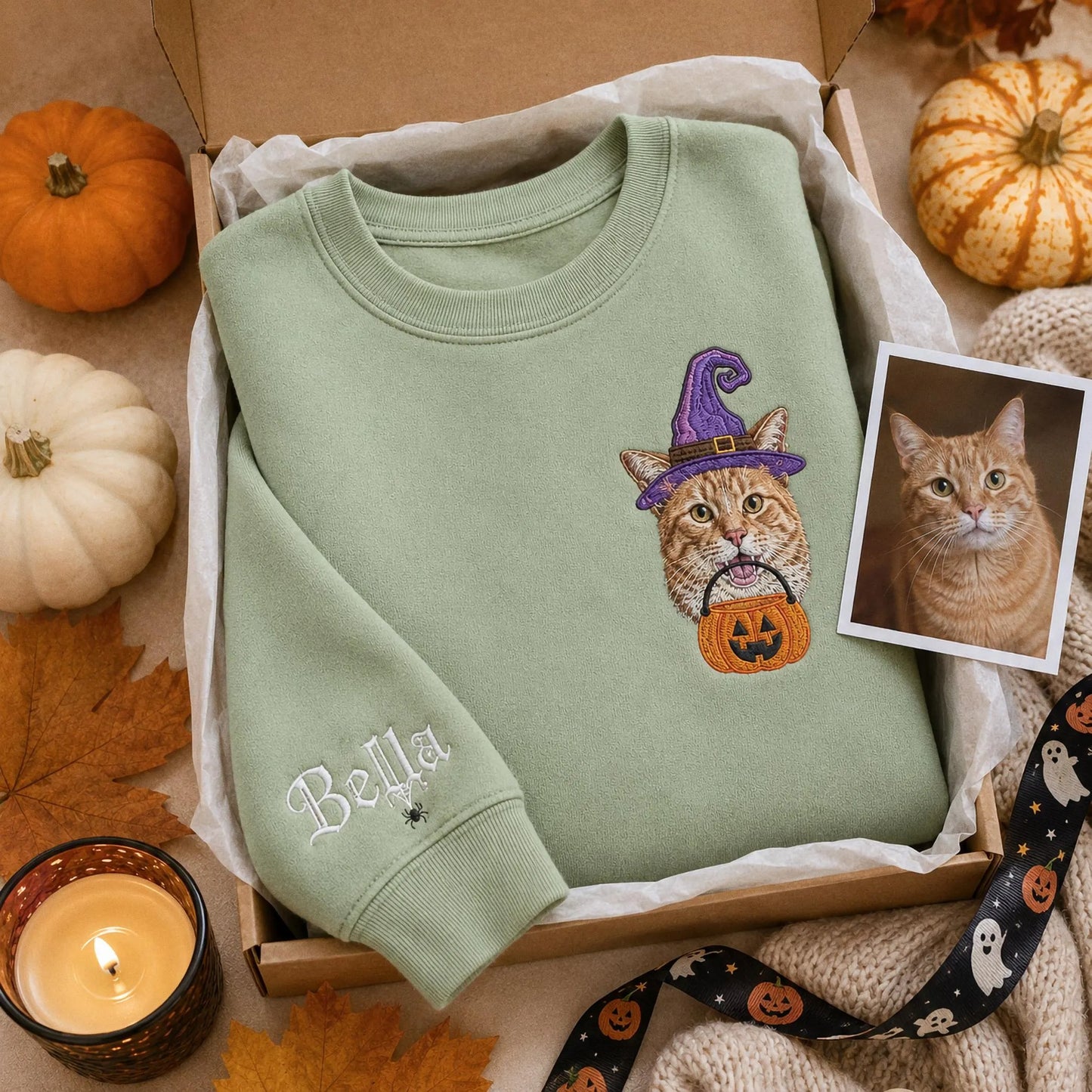 Custom Pet Portrait Embroidered Sweatshirt, Halloween Dog Sweatshirt, Personalized Cat Photo Tee, Spooky Dog Mom Gift, Custom Dog Crewneck