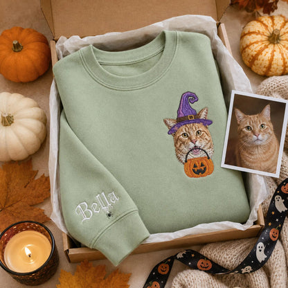Custom Pet Portrait Embroidered Sweatshirt, Halloween Dog Sweatshirt, Personalized Cat Photo Tee, Spooky Dog Mom Gift, Custom Dog Crewneck