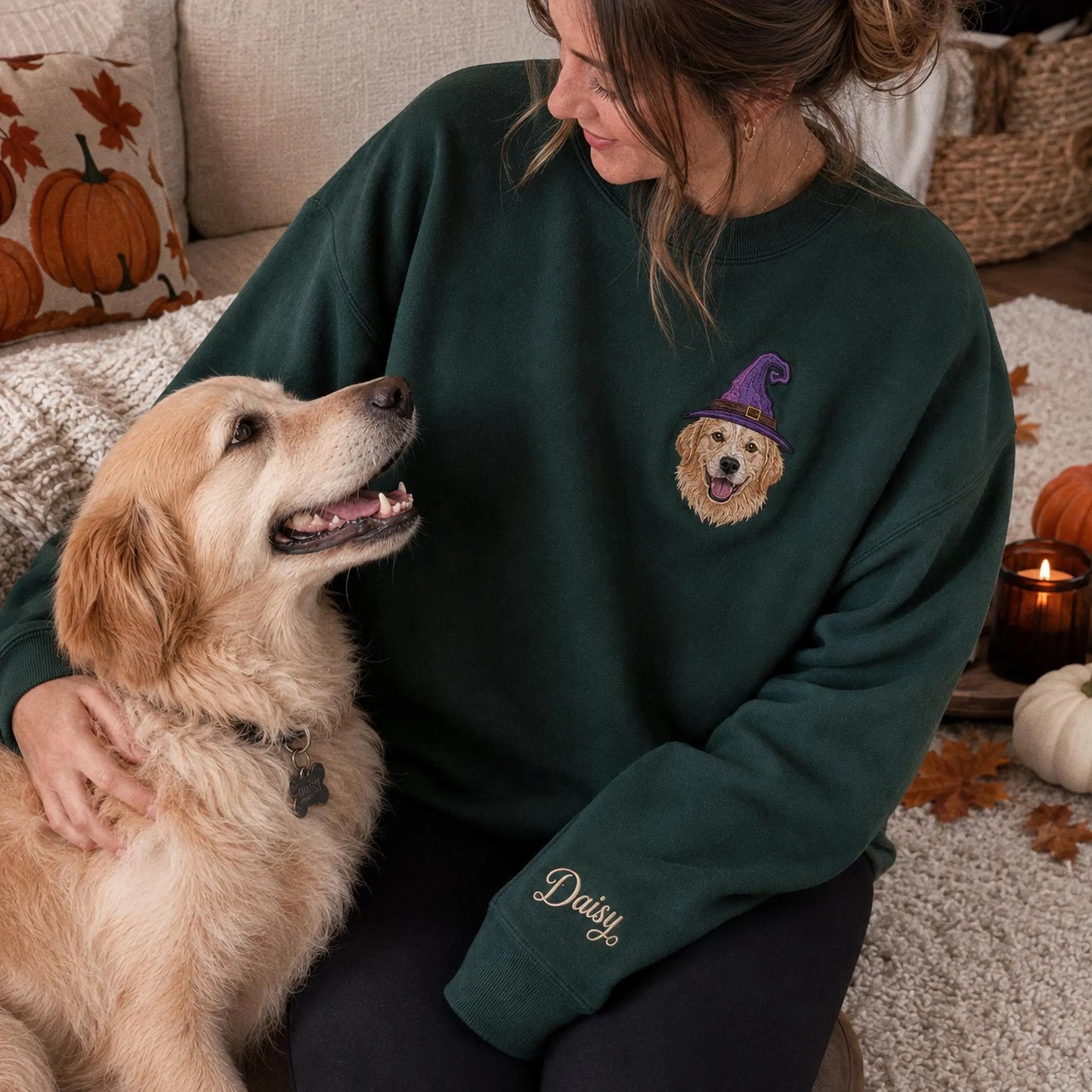 Custom Pet Portrait Embroidered Sweatshirt, Halloween Dog Sweatshirt, Personalized Cat Photo Tee, Spooky Dog Mom Gift, Custom Dog Crewneck