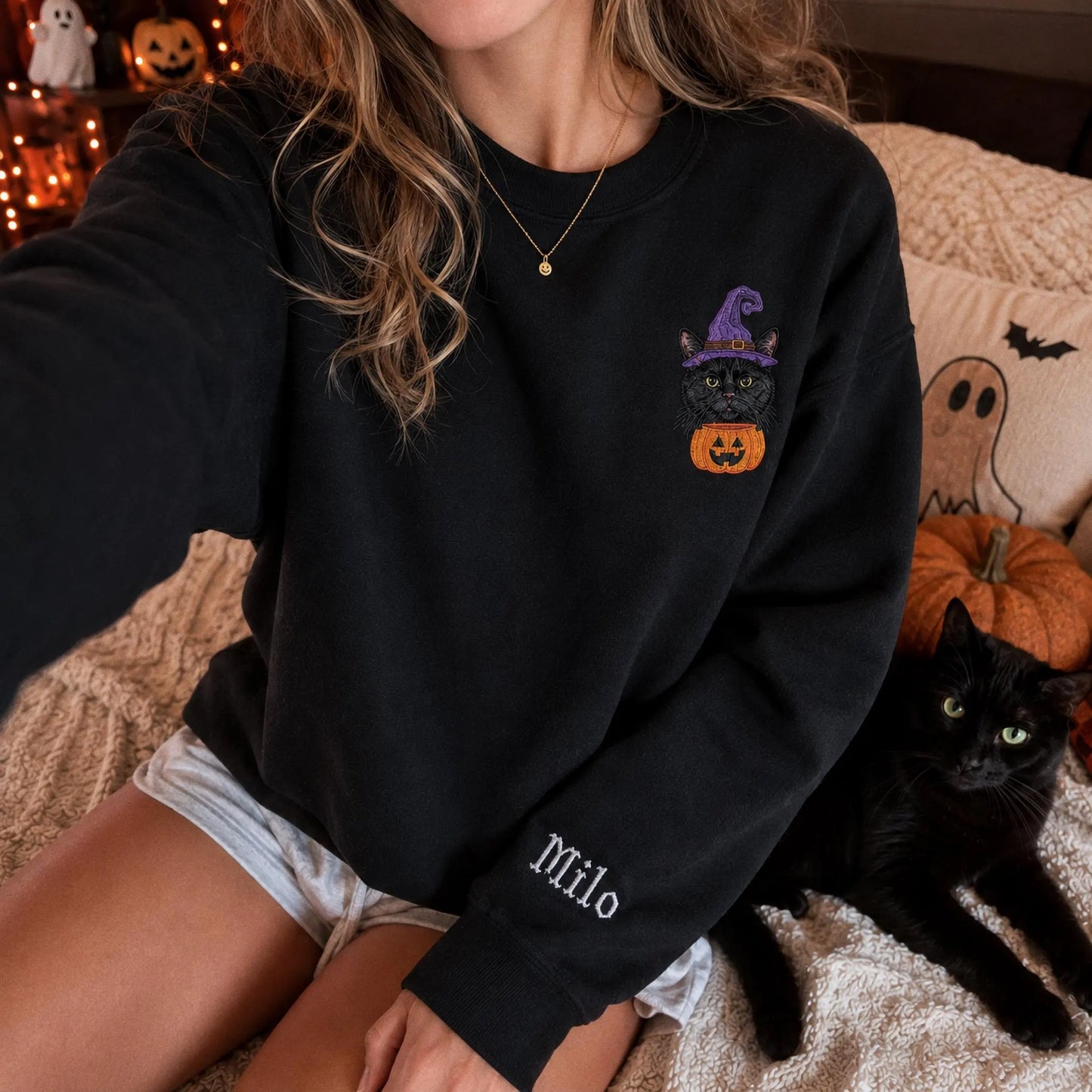 Custom Pet Portrait Embroidered Sweatshirt, Halloween Dog Sweatshirt, Personalized Cat Photo Tee, Spooky Dog Mom Gift, Custom Dog Crewneck