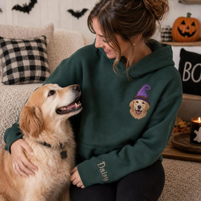 Custom Pet Portrait Embroidered Sweatshirt, Halloween Dog Sweatshirt, Personalized Cat Photo Tee, Spooky Dog Mom Gift, Custom Dog Crewneck