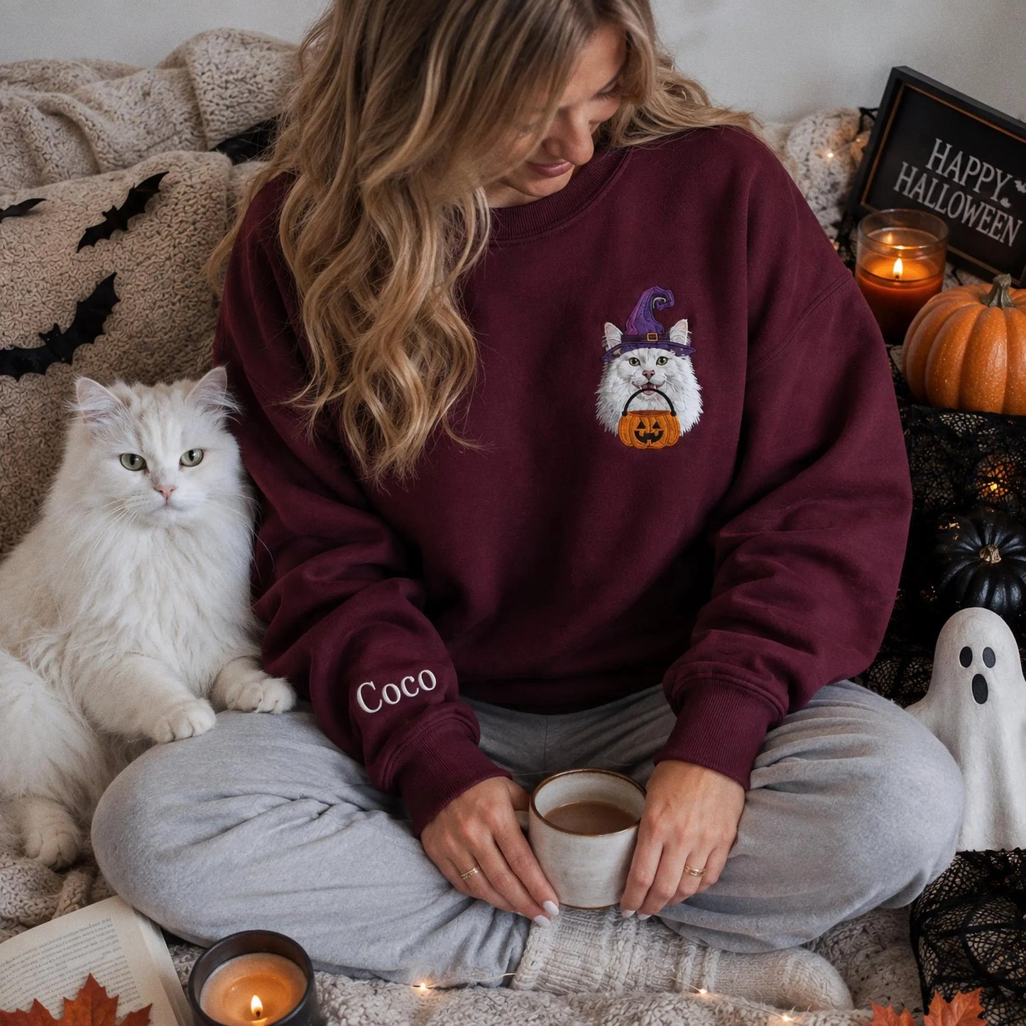 Custom Pet Portrait Embroidered Sweatshirt, Halloween Dog Sweatshirt, Personalized Cat Photo Tee, Spooky Dog Mom Gift, Custom Dog Crewneck
