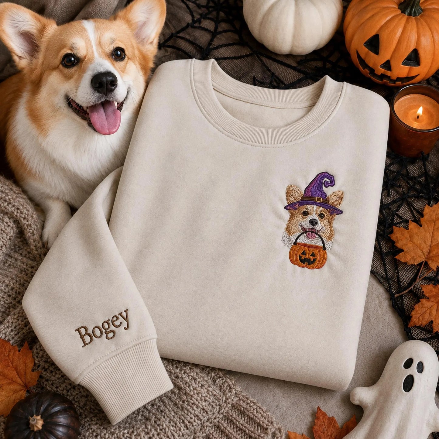 Custom Pet Portrait Embroidered Sweatshirt, Halloween Dog Sweatshirt, Personalized Cat Photo Tee, Spooky Dog Mom Gift, Custom Dog Crewneck