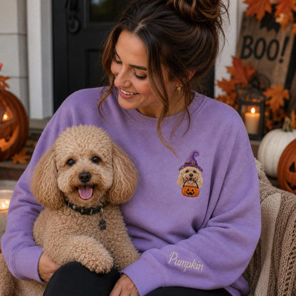 Custom Pet Portrait Embroidered Sweatshirt, Halloween Dog Sweatshirt, Personalized Cat Photo Tee, Spooky Dog Mom Gift, Custom Dog Crewneck