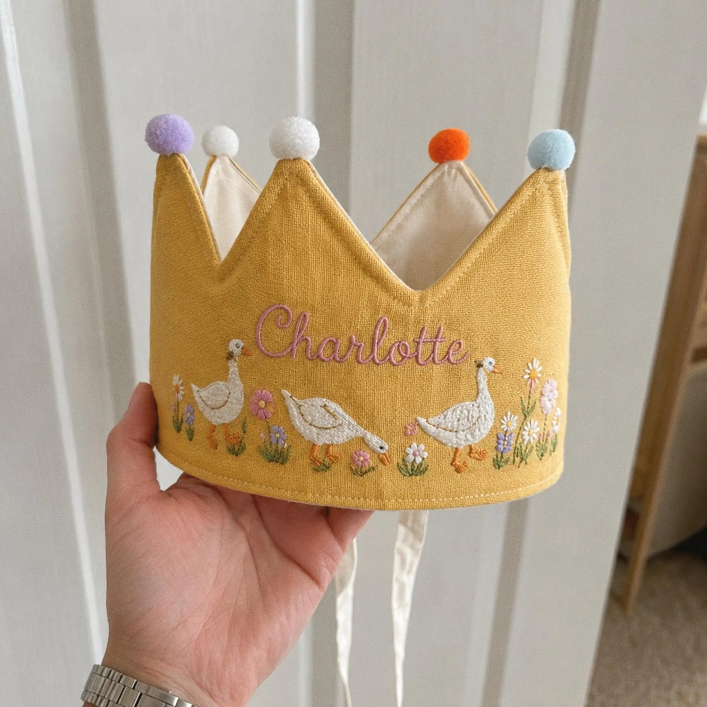 Custom Silly Goose Linen Crown, Embroidered Baby Birthday Hat, Personalized First Birthday Gift, Goose Lover Keepsake Crown