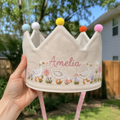 Custom Silly Goose Linen Crown, Embroidered Baby Birthday Hat, Personalized First Birthday Gift, Goose Lover Keepsake Crown