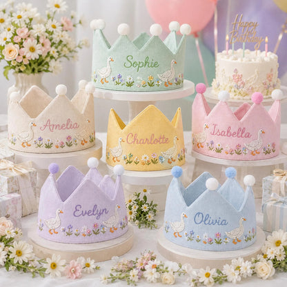 Custom Silly Goose Linen Crown, Embroidered Baby Birthday Hat, Personalized First Birthday Gift, Goose Lover Keepsake Crown