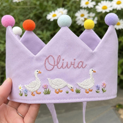 Custom Silly Goose Linen Crown, Embroidered Baby Birthday Hat, Personalized First Birthday Gift, Goose Lover Keepsake Crown