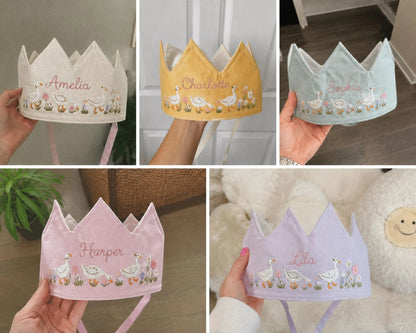 Custom Silly Goose Linen Crown, Embroidered Baby Birthday Hat, Personalized First Birthday Gift, Goose Lover Keepsake Crown
