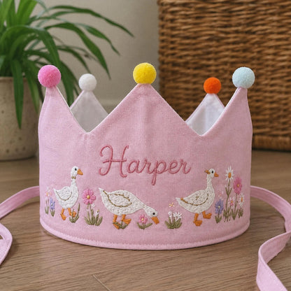 Custom Silly Goose Linen Crown, Embroidered Baby Birthday Hat, Personalized First Birthday Gift, Goose Lover Keepsake Crown