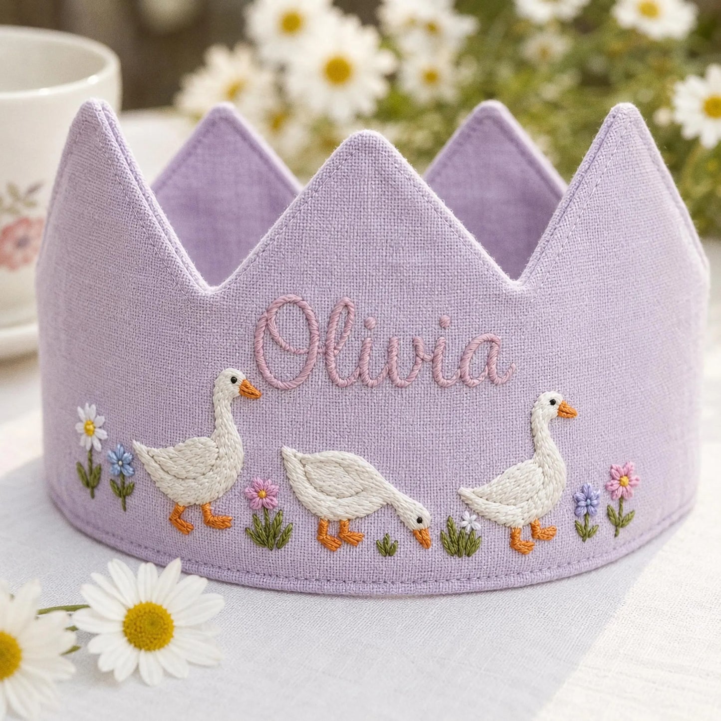 Custom Silly Goose Linen Crown, Embroidered Baby Birthday Hat, Personalized First Birthday Gift, Goose Lover Keepsake Crown