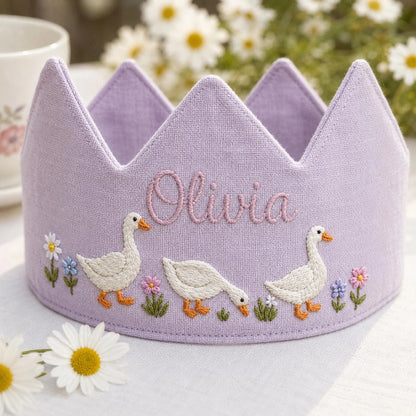 Custom Silly Goose Linen Crown, Embroidered Baby Birthday Hat, Personalized First Birthday Gift, Goose Lover Keepsake Crown