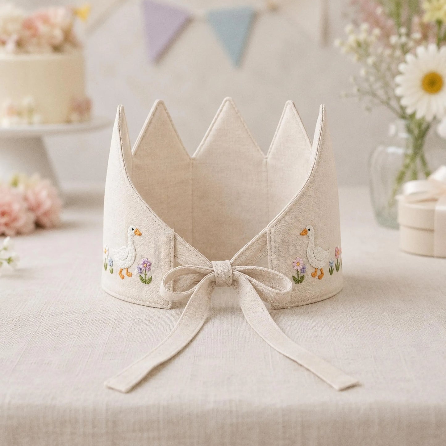 Custom Silly Goose Linen Crown, Embroidered Baby Birthday Hat, Personalized First Birthday Gift, Goose Lover Keepsake Crown