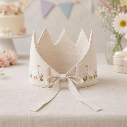 Custom Silly Goose Linen Crown, Embroidered Baby Birthday Hat, Personalized First Birthday Gift, Goose Lover Keepsake Crown