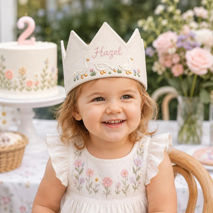 Custom Silly Goose Linen Crown, Embroidered Baby Birthday Hat, Personalized First Birthday Gift, Goose Lover Keepsake Crown