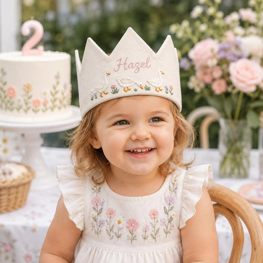 Custom Silly Goose Linen Crown, Embroidered Baby Birthday Hat, Personalized First Birthday Gift, Goose Lover Keepsake Crown