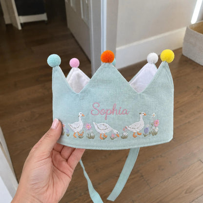 Custom Silly Goose Linen Crown, Embroidered Baby Birthday Hat, Personalized First Birthday Gift, Goose Lover Keepsake Crown