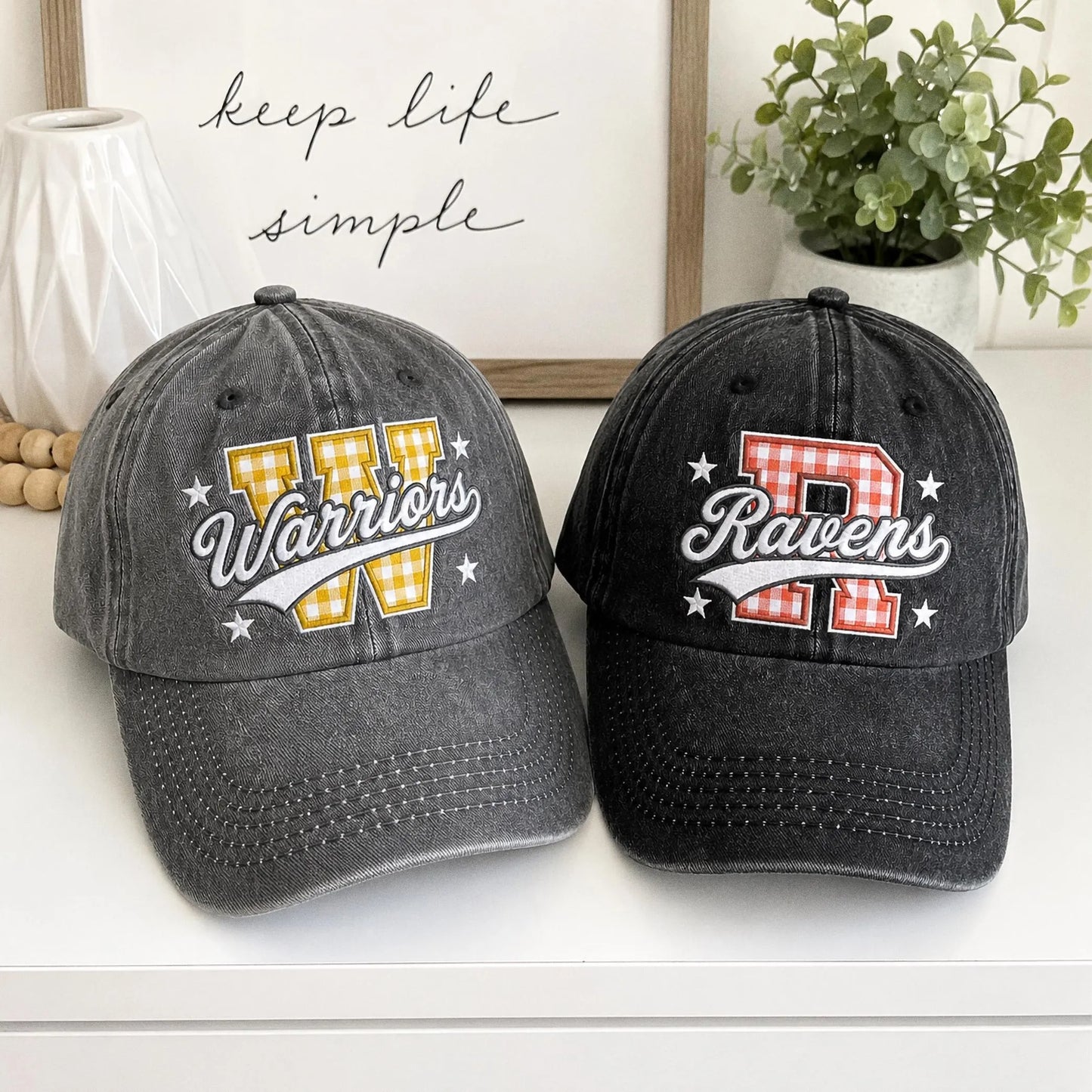 Custom Varisty Letter Embroidered Hat, Personalize School Spirit Baseball Cap, Test Day Tee, Gingham Applique Hat, Back To School Hat