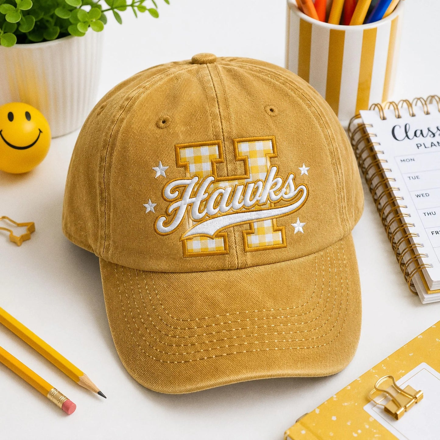 Custom Varisty Letter Embroidered Hat, Personalize School Spirit Baseball Cap, Test Day Tee, Gingham Applique Hat, Back To School Hat