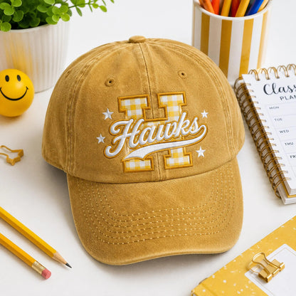 Custom Varisty Letter Embroidered Hat, Personalize School Spirit Baseball Cap, Test Day Tee, Gingham Applique Hat, Back To School Hat