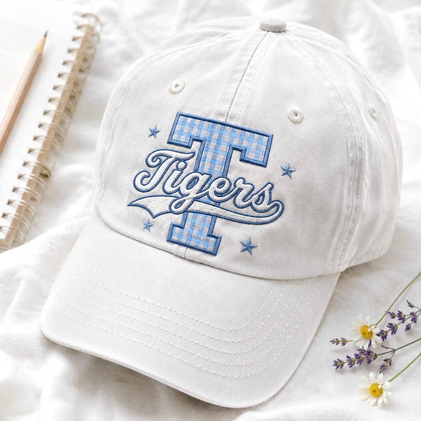 Custom Varisty Letter Embroidered Hat, Personalize School Spirit Baseball Cap, Test Day Tee, Gingham Applique Hat, Back To School Hat