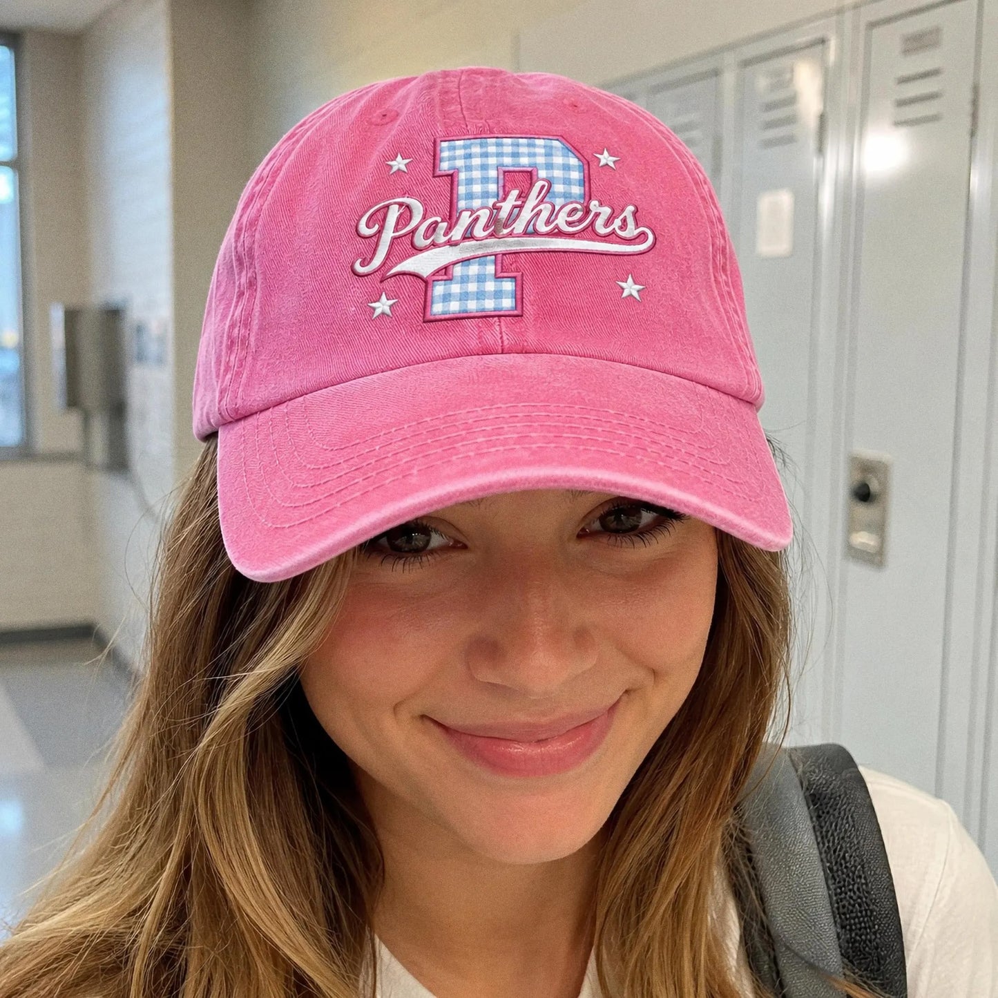 Custom Varisty Letter Embroidered Hat, Personalize School Spirit Baseball Cap, Test Day Tee, Gingham Applique Hat, Back To School Hat